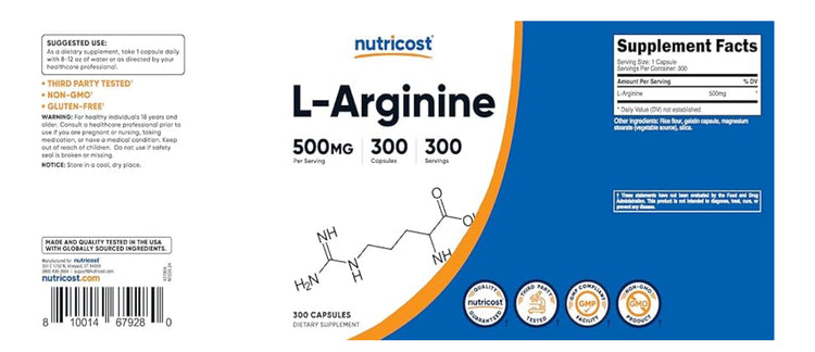 Nutricost - L-Arginine 500 mgs (300 caps)